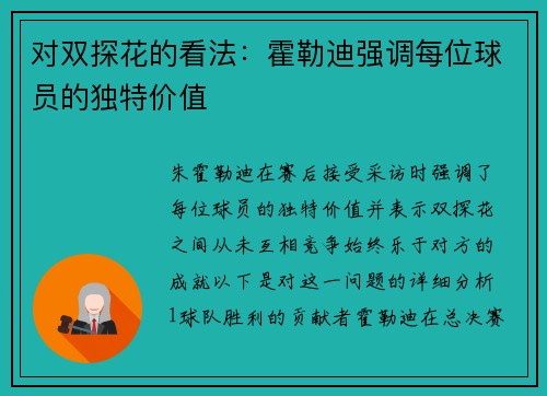 对双探花的看法：霍勒迪强调每位球员的独特价值