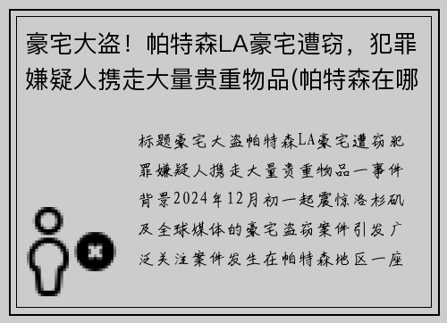 豪宅大盗！帕特森LA豪宅遭窃，犯罪嫌疑人携走大量贵重物品(帕特森在哪里)